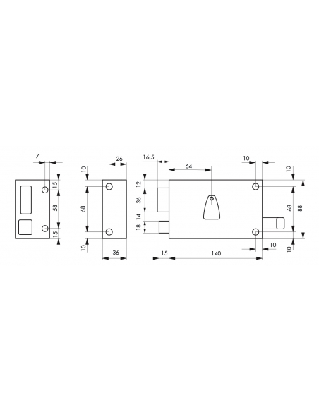 Serrure horizontale en applique 6 gorges à tirage pour entrée, gauche, axe 64mm, carré 7mm, 140x88mm, noir, 2 clés - THIRARD ...