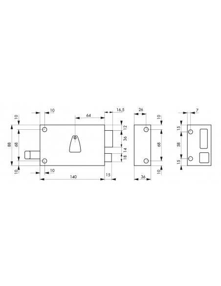 Serrure horizontale en applique 6 gorges à tirage pour entrée, droite, axe 64mm, carré 7mm, 140x88mm, noir, 2 clés - THIRARD ...