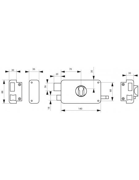 Boitier de serrure horizontale en applique double entrée à tirage pour entrée, gauche, axe 60mm, 140x88mm, noir - THIRARD Ser...