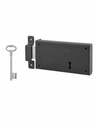 Serrure horizontale en applique à clé pour porte de cave, pêne seul, gauche, axe 105mm, 160x80mm, noir, 1 clé - THIRARD Serru...