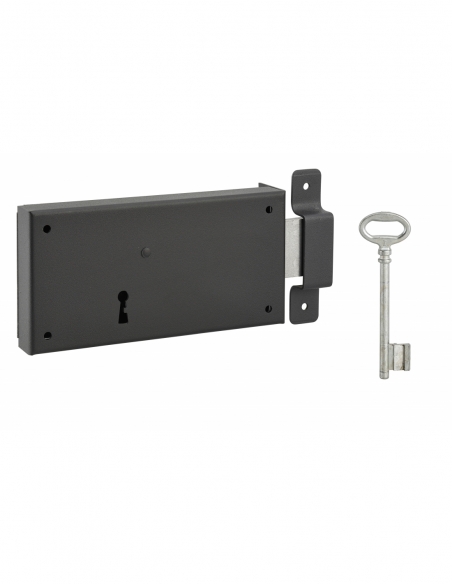 Serrure horizontale en applique à clé pour porte de cave, pêne seul, droite, axe 105mm, 160x80mm, noir, 1 clé - THIRARD Serru...