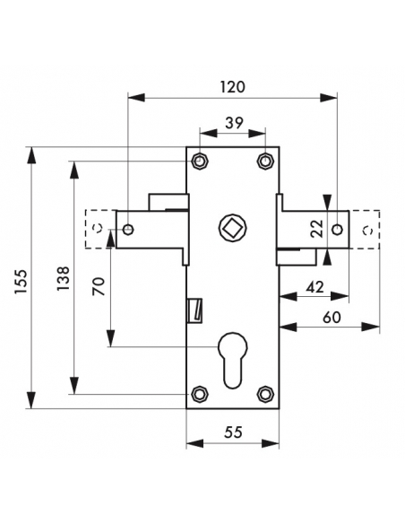 Boitier de serrure en applique à double entrée à fouillot pour garage basculante, 2pts latéraux, 55x155mm, carré 8mm - THIRAR...