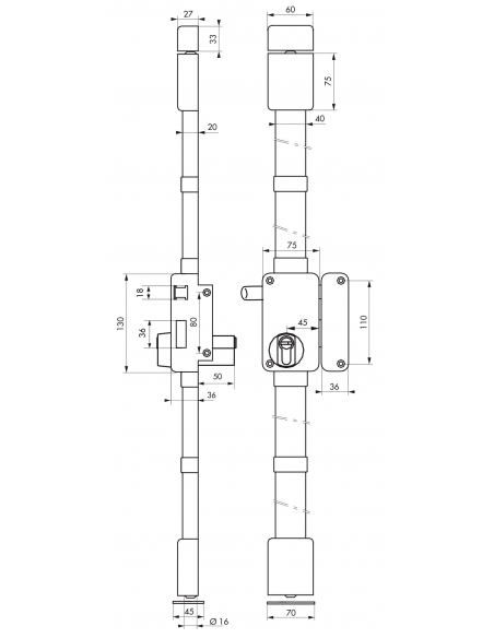 Serrure en applique Beluga A2P* à tirage pour entrée, droite, 3pts, Transit2 30x65mm, axe 45mm, marron, 4 clés - THIRARD Serr...