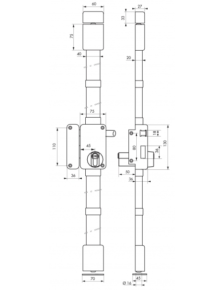 Serrure en applique Beluga A2P* à tirage pour entrée, gauche, 3pts, Transit2 30x65mm, axe 45mm, marron, 4 clés - THIRARD Serr...