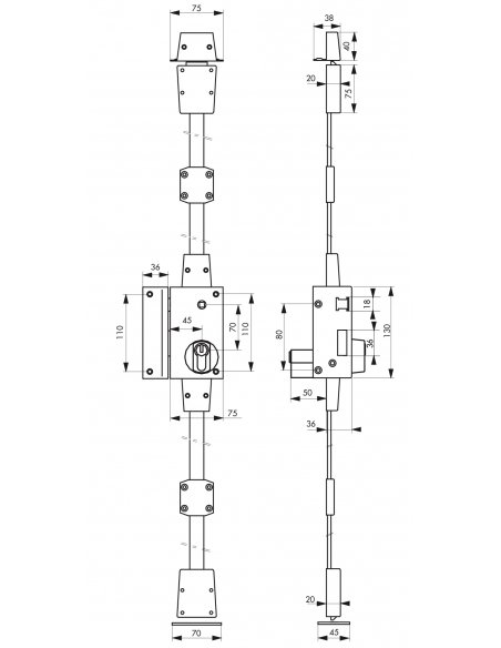 Serrure en applique Targa à fouillot pour porte d'entrée, gauche, 3 pts, cylindre 30x65mm, axe 45mm, or, 4 clés - THIRARD Ser...