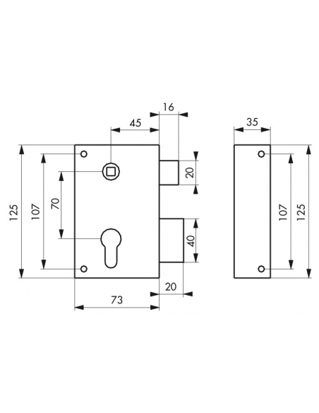 Boitier de serrure verticale en applique double entrée à fouillot pour portail, droite, axe 45mm, 73x125mm, inox - THIRARD Se...