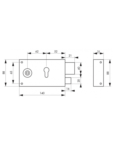 Boitier de serrure horizontale en applique double entrée à fouillot pour portail, droite, axe 52mm, 140x88mm, inox - THIRARD ...