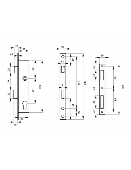 Boitier de serrure encastrable à cylindre pour menuiserie métallique, axe 24mm, bouts carrés, inox - THIRARD Serrures encastr...