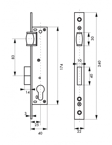 Boitier de serrure encastrable à rouleau à cylindre pour menuiserie métallique, axe 25mm, bouts carrés, zingué - THIRARD Serr...