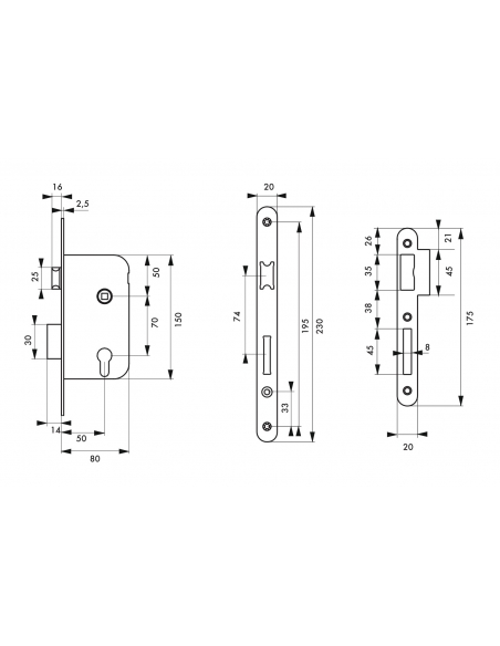 Boitier de serrure encastrable à cylindre pour porte d'entrée, droite, axe 50mm, bouts ronds, inox - THIRARD Serrures encastr...