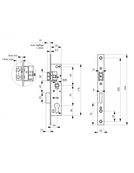 Boitier de serrure encastrable à cylindre pour menuiserie métallique, axe 24mm, entr’axe 70, bouts carrés, inox - THIRARD Ser...