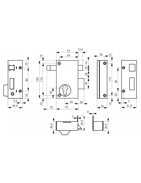 Boitier de serrure verticale en applique double entrée à tirage pour porte d'entrée, axe 45mm, droite, 75x130mm, noir - THIRA...