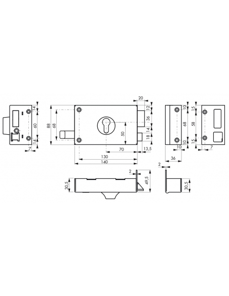 Boitier de serrure horizontale en applique double entrée à tirage pour entrée, droite, axe 70mm, 140x88mm, noir - THIRARD Ser...