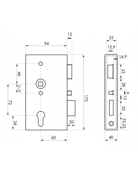 Boitier de serrure verticale à souder double entrée à fouillot pour portail, gauche, axe 60mm, 94x173mm, tube 40mm - THIRARD ...