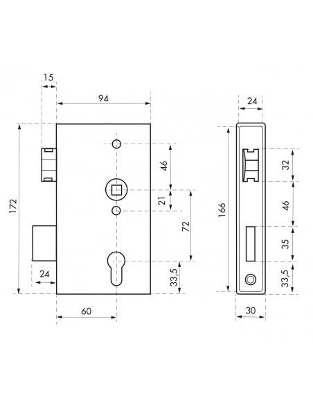 Boitier de serrure verticale à souder double entrée à fouillot pour portail, réversible, axe 60mm, 94x172mm, tube 30mm - THIR...