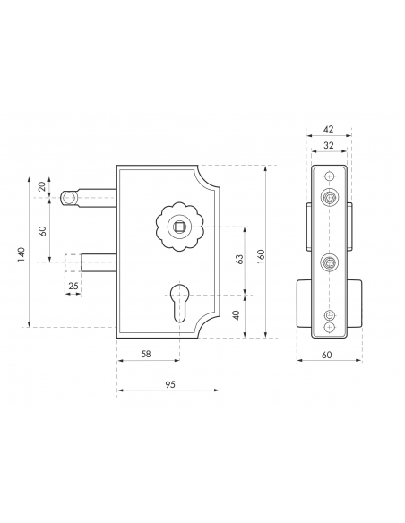 Boitier de serrure à visser double entrée à fouillot pour portail, réversible, axe 58mm, 95x140mm, noir rustique - THIRARD Se...