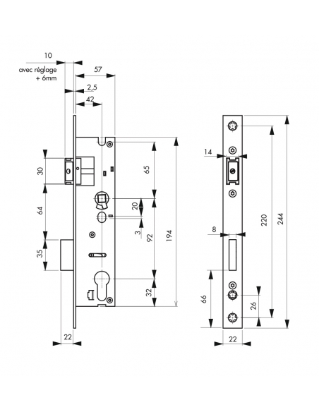 Boitier de serrure encastrable à cylindre pour menuiserie métallique, axe 42mm, bouts carrés, inox - THIRARD Serrures encastr...