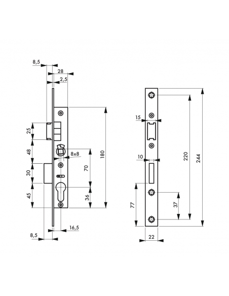 Boitier de serrure encastrable à cylindre pour menuiserie métallique, axe 16.5mm, bouts carrés, inox - THIRARD Serrures encas...