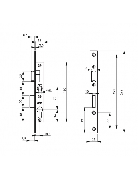 Boitier de serrure encastrable à cylindre pour menuiserie métallique, axe 10.5mm, bouts carrés, inox - THIRARD Serrures encas...