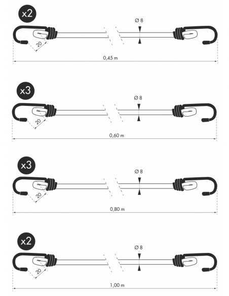 Tube de 12 tendeurs en caoutchouc à crochets, longueurs variées - THIRARD Sangle