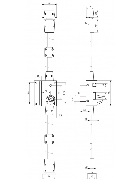 Serrure en applique Targa à fouillot pour porte d'entrée, gauche, 3 pts, Transit2 Ø23mm, axe 45mm, or, 4 clés - THIRARD Serru...