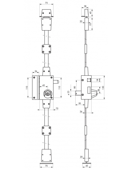 Serrure en applique Targa à tirage pour porte d'entrée, gauche, 3 pts, Transit2 Ø23mm, axe 45mm, or, 4 clés - THIRARD Serrure...