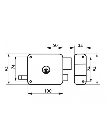 Serrure horizontale en applique double entrée à tirage pour porte d'entrée, droite, 100x94mm, axe 50mm, marron, 3 clés - THIR...