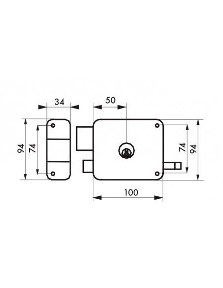 Serrure horizontale en applique double entrée à tirage pour porte d'entrée, gauche, 100x94mm, axe 50mm, marron, 3 clés - THIR...