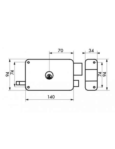 Serrure horizontale en applique double entrée à tirage pour porte d'entrée, droite, 140x94mm, axe 70mm, marron, 3 clés - THIR...