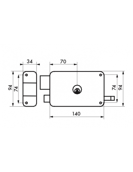 Serrure horizontale en applique double entrée à tirage pour porte d'entrée, gauche, 140x94mm, axe 70mm, marron, 3 clés - THIR...