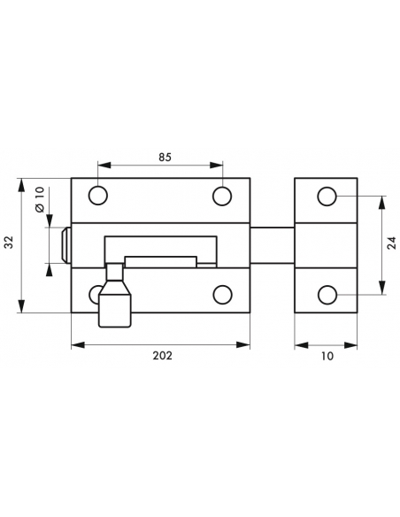 Targette, acier, pêne Ø 10mm, 32x202mm, nickel satin - THIRARD Targette