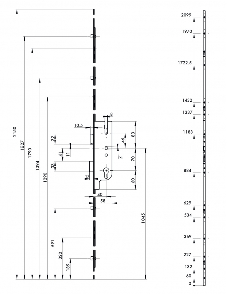Boitier de serrure enc. Europa à cylindre pour porte bois/PVC, axe 40mm, 5pts, H. 2150mm, 6-33162-01-0-1 - FERCO by THIRARD S...