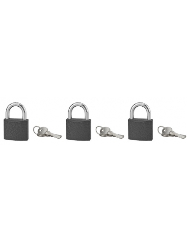 Lot de 3 cadenas BASIC gris à clé, base 50 mm, anse acier cémenté, s'entrouvrant, 3 clés/cad. - SERRUPRIX Cadenas à clé