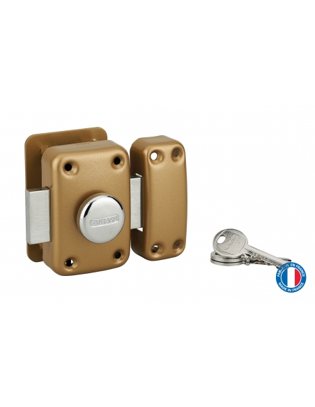 Verrou à bouton Apache avec plaque de renfort pour porte d'entrée, cylindre 45mm, acier, 3 clés, époxy or - THIRARD Verrou de...