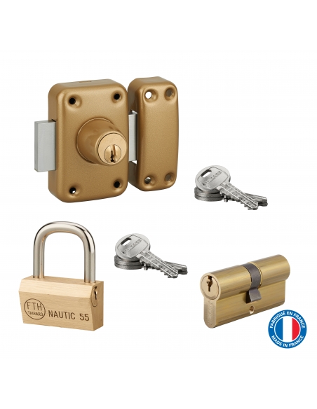 Lot cadenas Nautic + cylindre double entrée 30x30mm + verrou Capital double entrée, s'entrouvrant, 6 clés - THIRARD Verrous