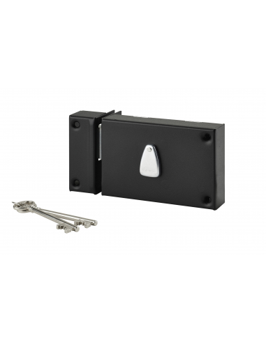 Serrure horizontale en applique 6 gorges à clé pour porte de cave, pêne seul, gauche, axe 64mm, 140x88mm, noir, 2 clés - THIR...