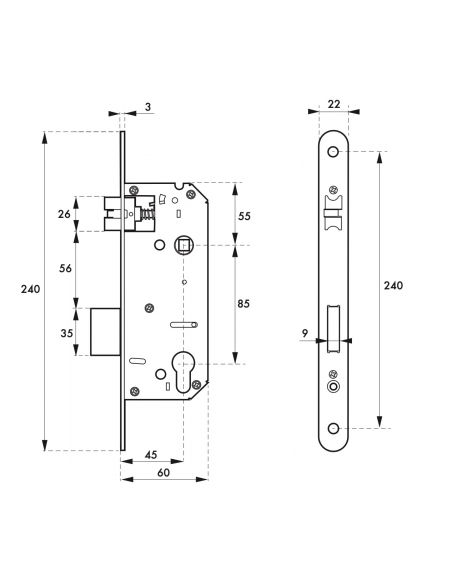 Serrure encast. Intelock trou cylindre porte d'entrée, inox, axe45mm, entr'axes85mm, carré8, révers., bouts ronds - INTELOCK ...