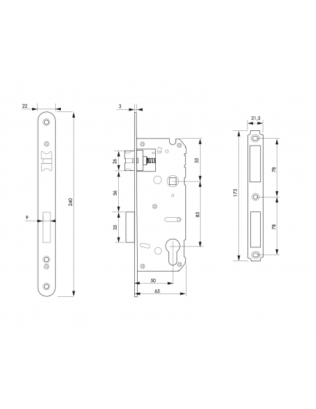 Serrure encast. Intelock trou cylindre porte d'entrée, inox, axe50mm, entr'axes85mm, carré8, révers., bouts ronds - INTELOCK ...