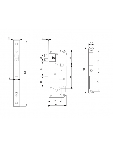 Serrure encast. Intelock trou cylindre porte d'entrée, inox, axe50mm, entr'axes85mm, carré8, révers., bouts carrés - INTELOCK...