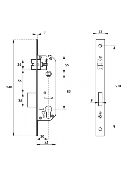 Serrure encast. Intelock trou cylindre porte d'entrée, inox, axe30mm, entr'axes85mm, carré8, révers., bouts carrés - INTELOCK...