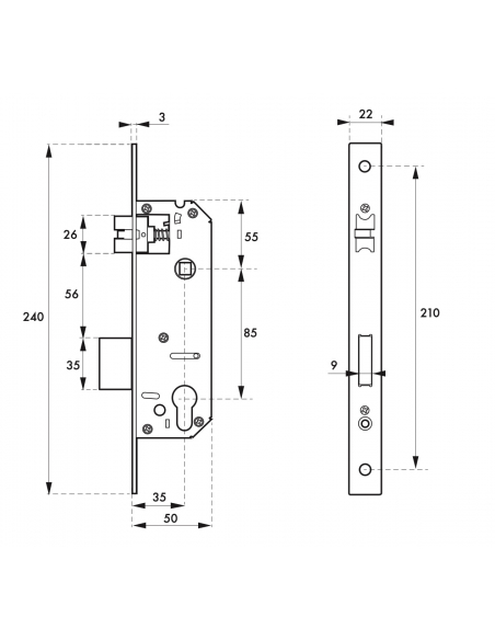 Serrure encast. Intelock trou cylindre porte d'entrée, inox, axe35mm, entr'axes85mm, carré8, révers., bouts carrés - INTELOCK...