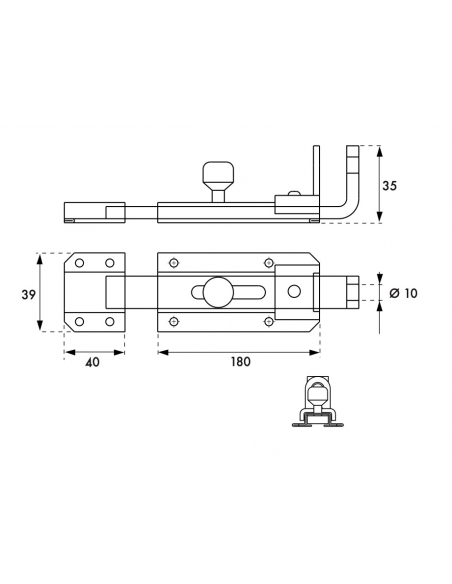 Verrou transversal, porte cadenas cadenassable, longueur 180mm, pêne plat coulissant, acier zingué - THIRARD Verrous de portail
