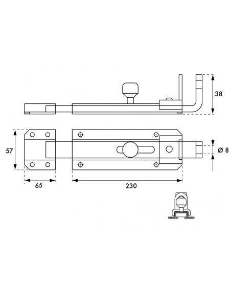 Verrou transversal, porte cadenas cadenassable, longueur 230mm, pêne plat coulissant, acier zingué - THIRARD Verrous de portail