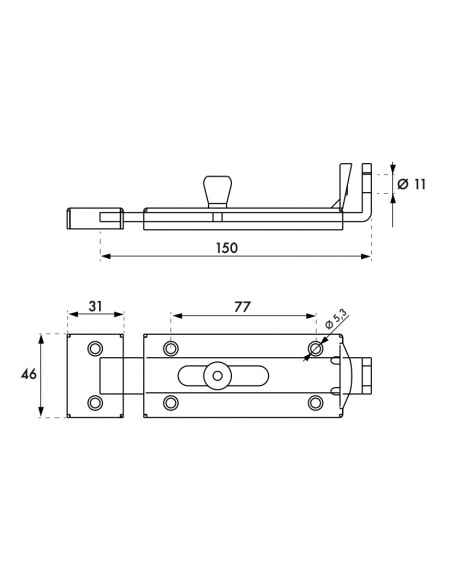 Verrou porte cadenas, longueur 150mm, pêne plat coulissant, gâche en acier cambré, acier zingué - THIRARD Verrous de portail