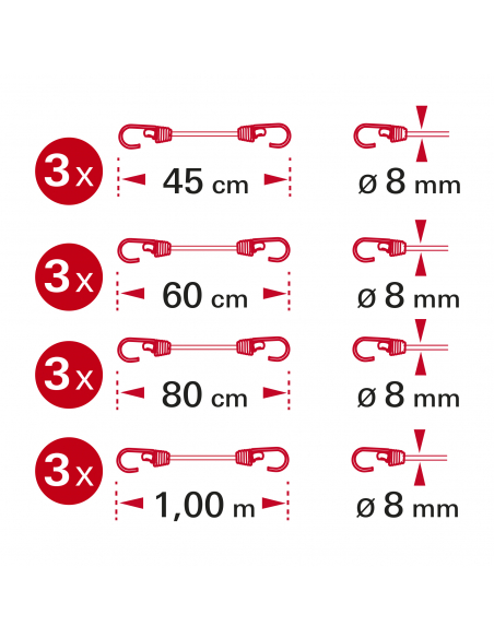 Tube de 12 tendeurs en caoutchouc à crochets, longueurs variées - THIRARD Sangle