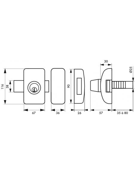 Verrou double entrée Universel ajustable pour entrée, HG 5, dim. cylindre de 35 à 80mm, acier, 5 clés, epoxy bronzze - THIRAR...