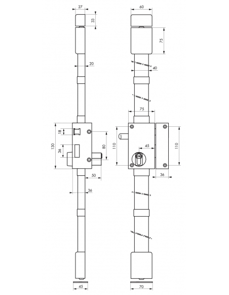 Serrure en applique Targa à tirage pour entrée, droite, 3 pts, cylindre Transit 2 30x65mm, axe 45mm, bronze, 4 clés - THIRARD...