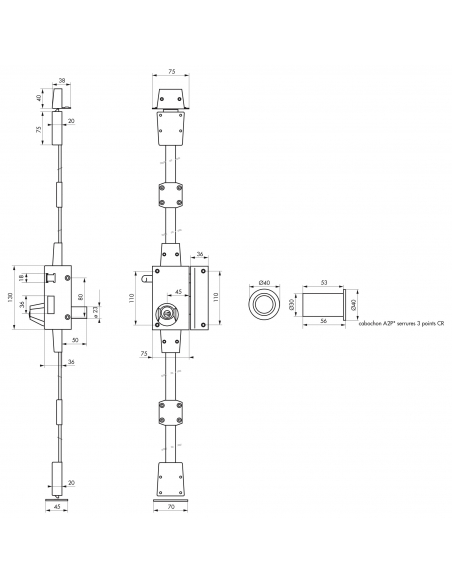 Serrure en applique Targa A2P* à tirage pour porte d'entrée, droite, 3 pts, cylindre Ø23mm, axe 45mm, or, 4 clés - THIRARD Se...