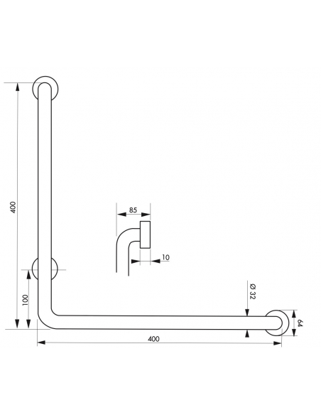 Barre de maintien coudée, inox 304, longueur 800mm, angle 90°, Ø32mm, finition inox brossé - THIRARD Barre de maintien