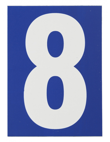 Plaque de signalisation 8, marquage blanc sur fond bleu, panneau PVC adhésif, 65x90mm - THIRARD Chiffres à coller